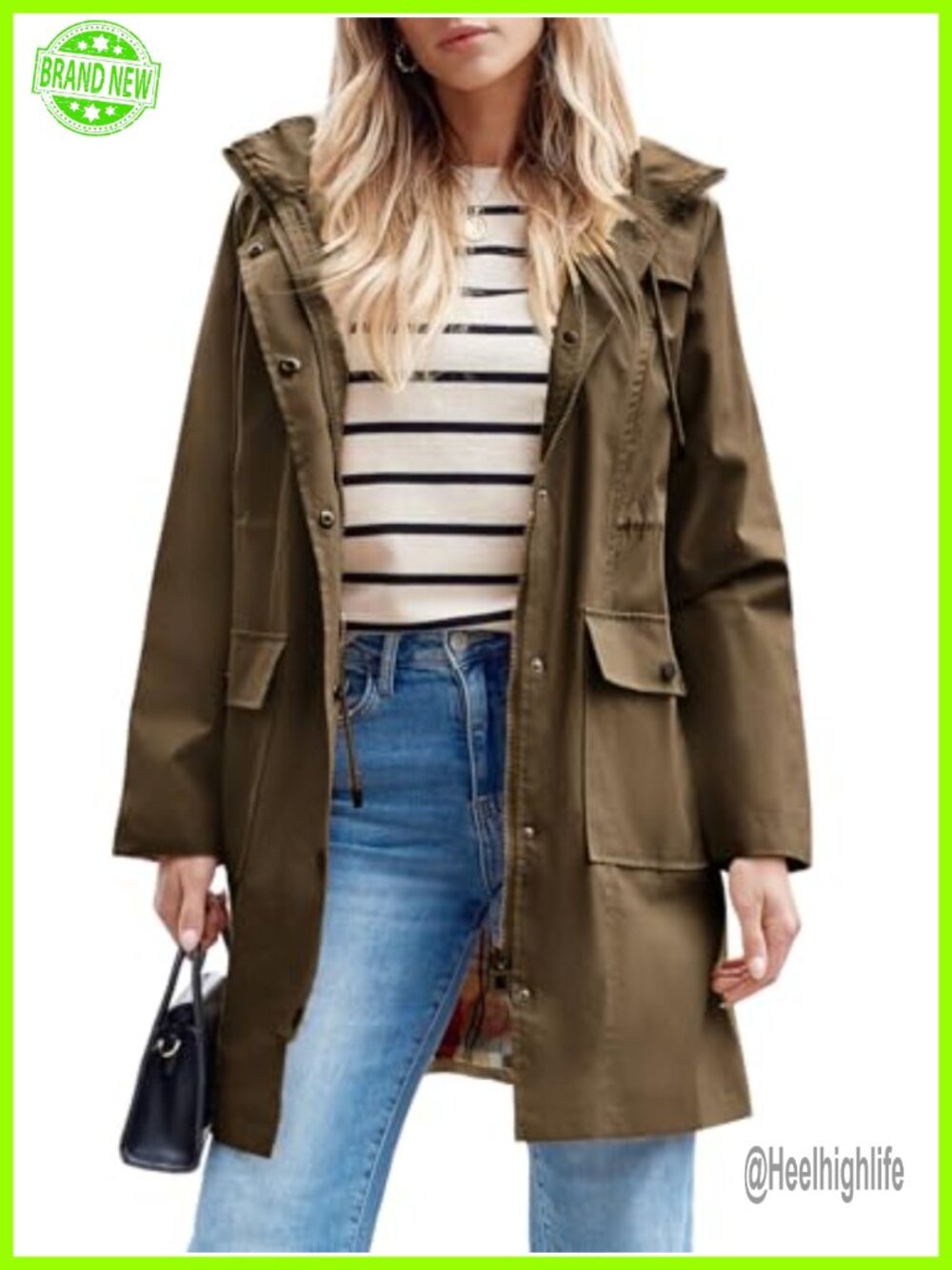 Waterproof Long Rain Jacket Hooded Windbreaker Trench Coat Adjustable Waist